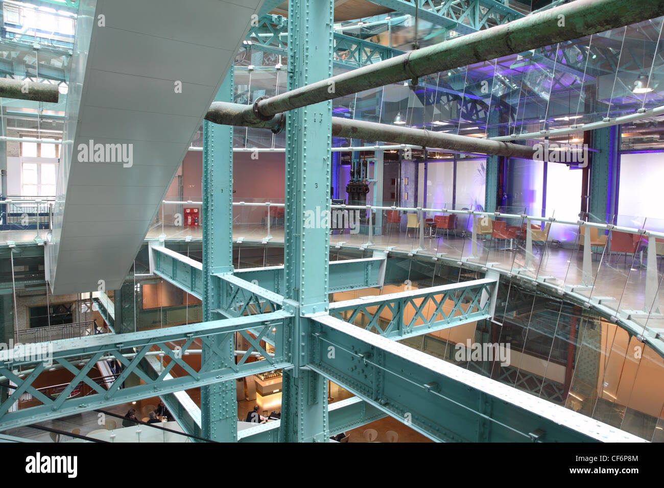 green, metal ceilings in the building. floors. glass walls Stock Photo