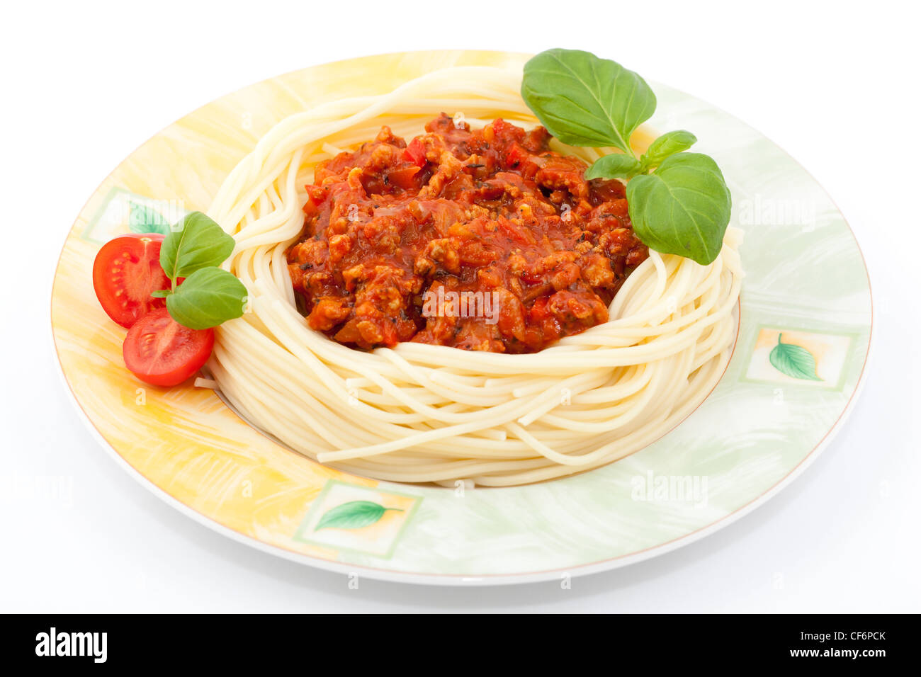 Pasta with tomato sauce and fresh basil Stock Photo