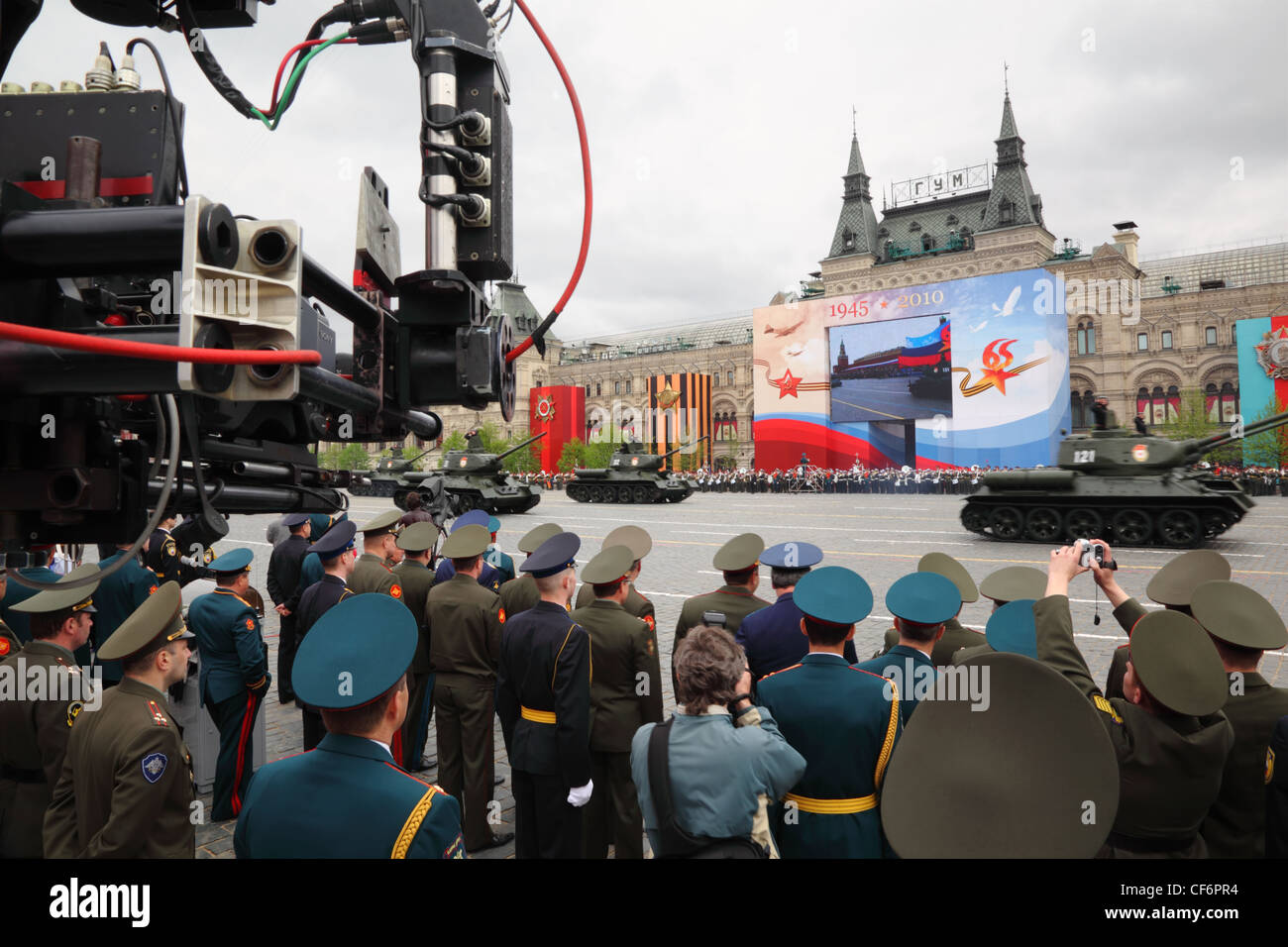 MOSCOW MAY 6 Soldiers tanks participate rehearsal honor Great Patriotic War victory TV camera record Red Square May 6 2010 Stock Photo