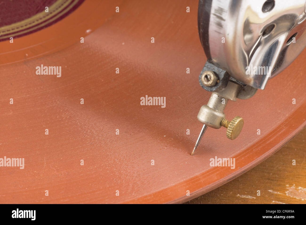 Old fashioned record player needle on 78 record. Stock Photo
