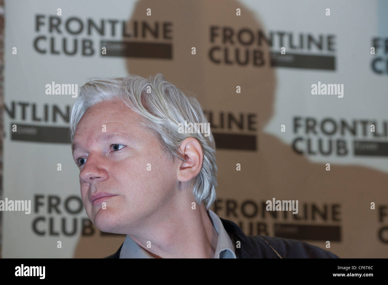 Julian Assange Wikileaks founder is seen during a press conference at The Frontline Club London Stock Photo