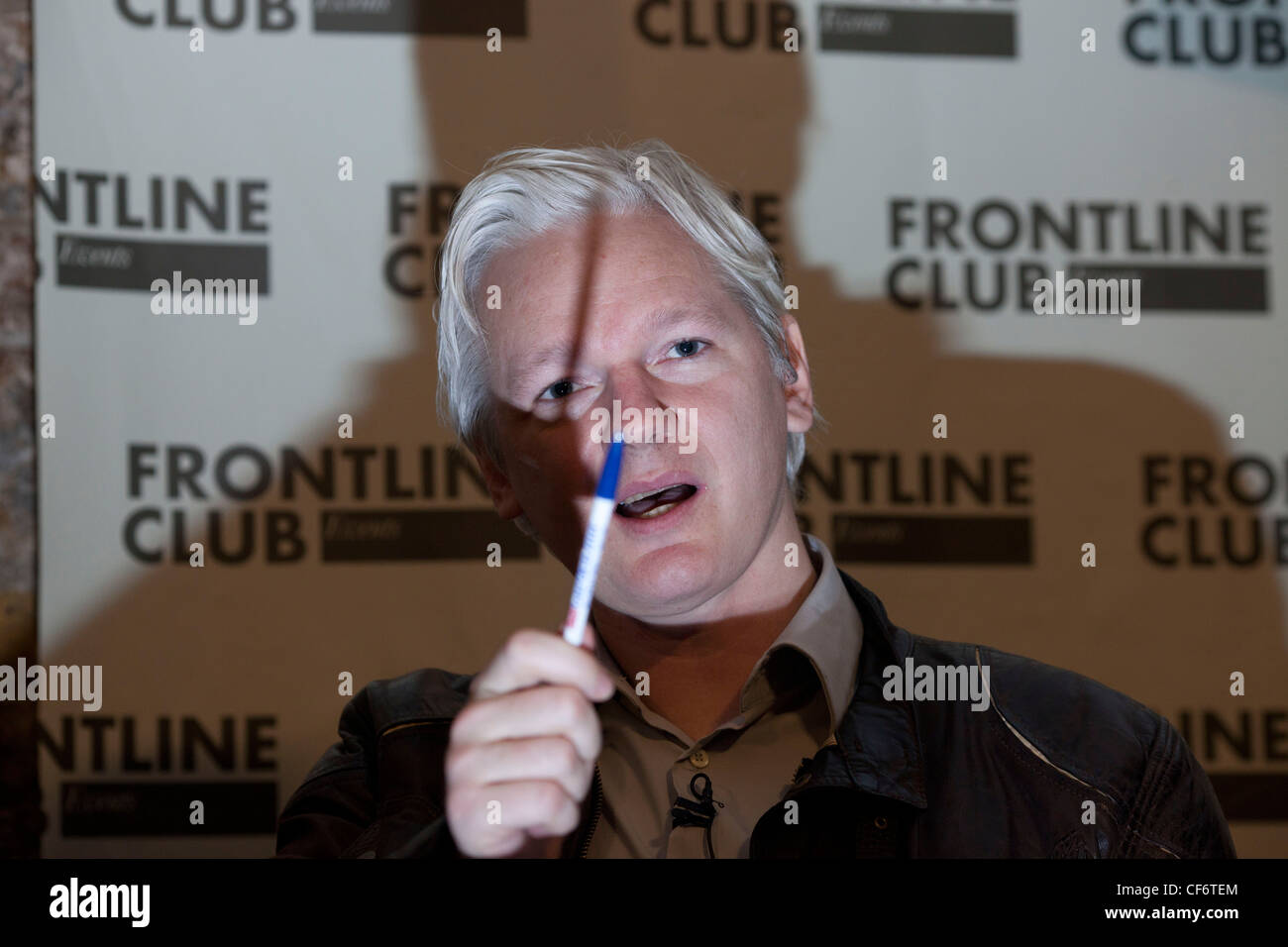 Julian Assange Wikileaks founder is seen during a press conference at The Frontline Club London Stock Photo