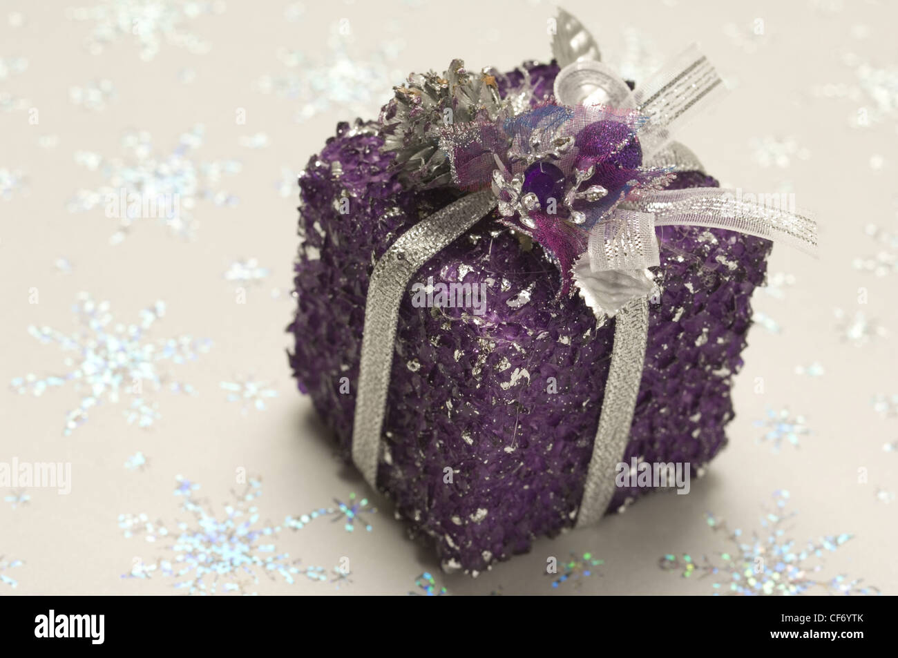 Textured Sparkly Purple Gift Box Silver Glitter And Ribbon Adorned Stock Photo Alamy