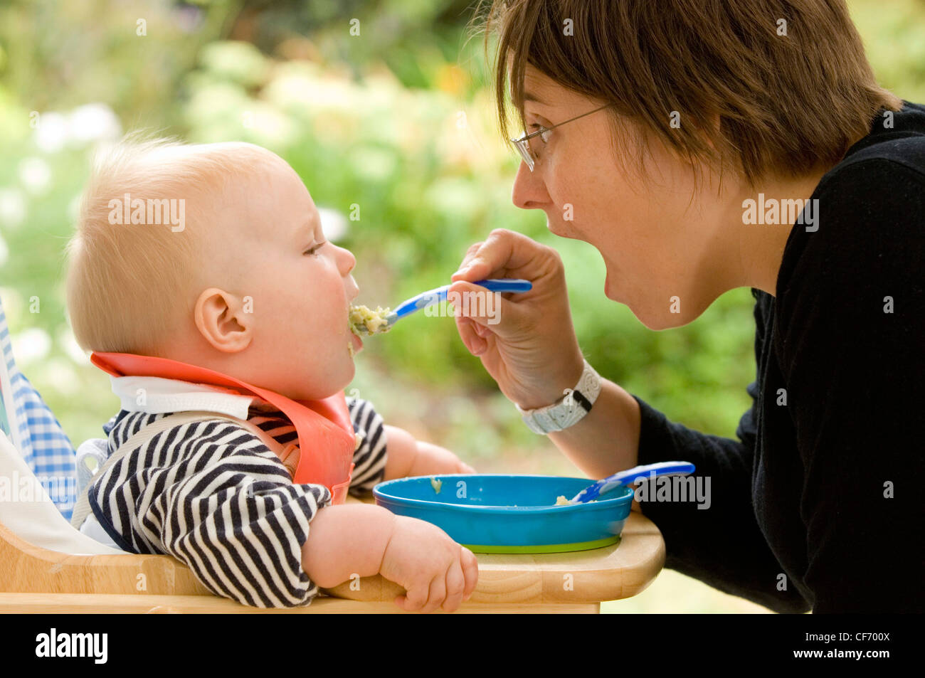 Blonde male child aged months wearing a black and white stripey top and an orange bib, sitting in a high chair and being fed Stock Photo