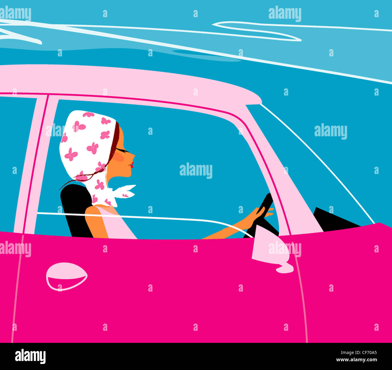 Illustration of female wearing a white headscarf with pink flowers, driving a pink car with the window open Stock Photo