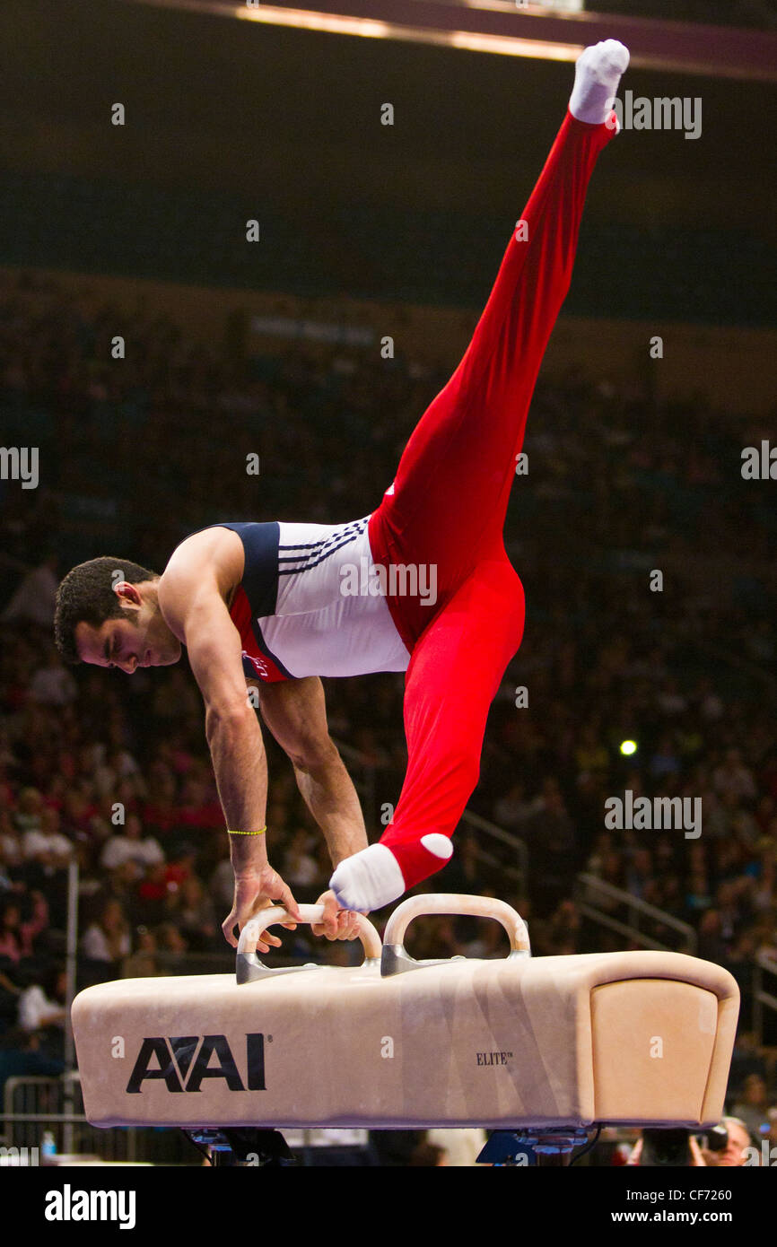 Danell Leyva (USA) competes in the pommel horse event at the 2012