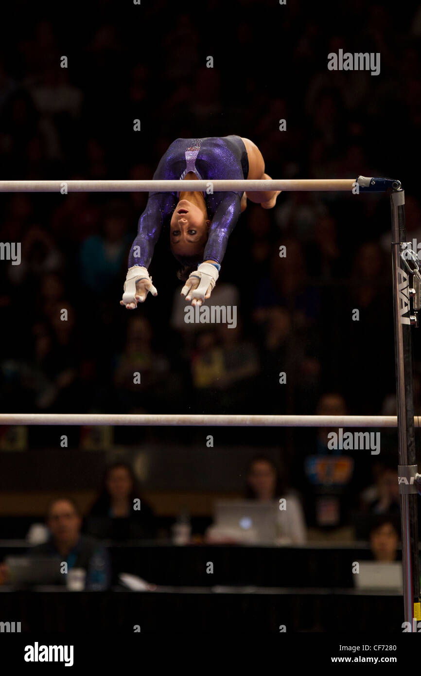Jordyn Wieber competes in the uneven bars event at the 2012 American Cup Gymnastics Stock Photo