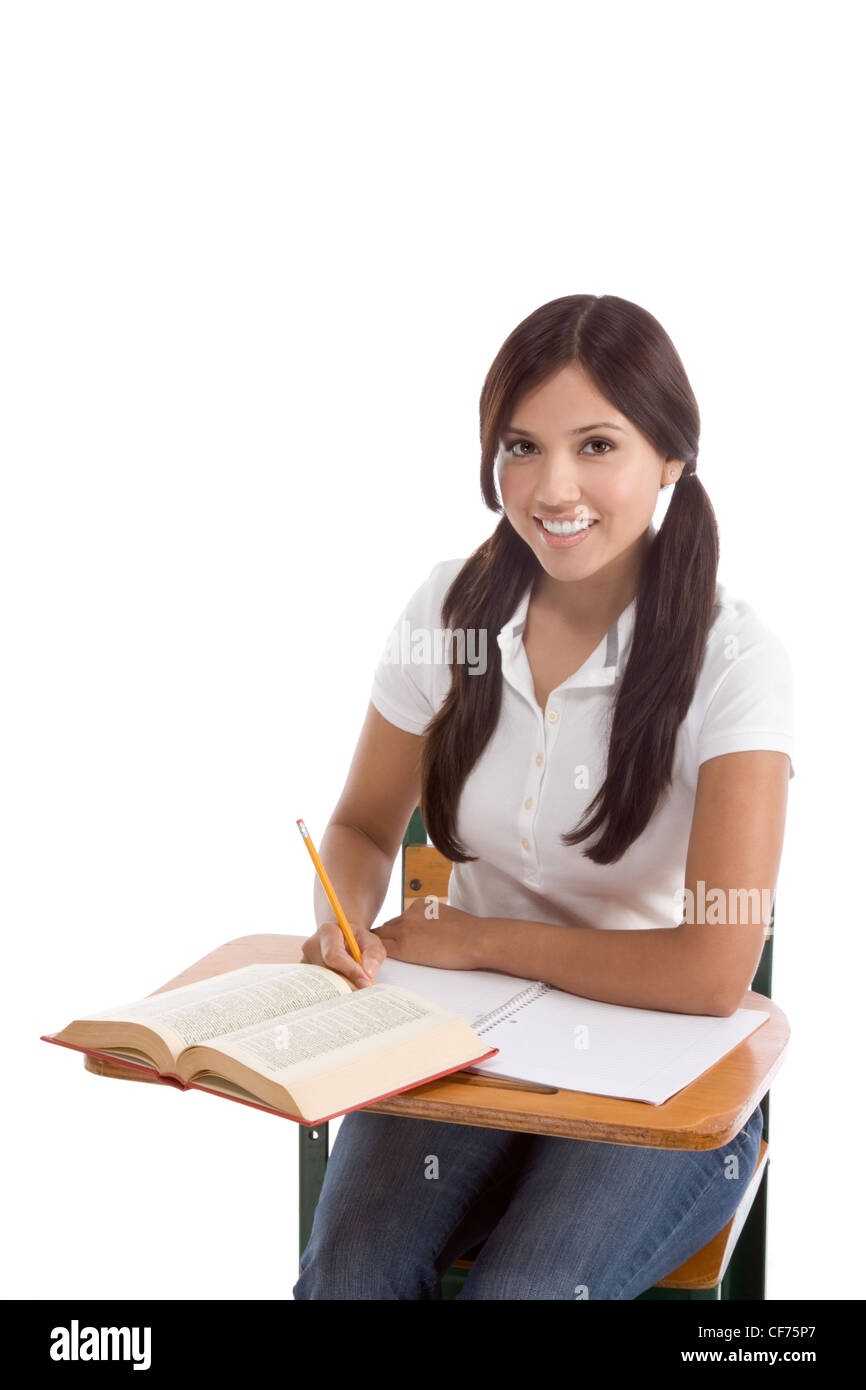 Latina High School Or College Female Student Sitting By The Desk