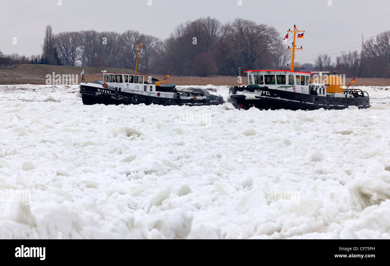 Icebreaker on frozen Elbe, Germany Stock Photo