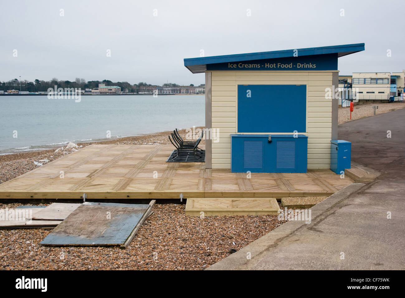Beach hut cafe on Weymouth beach Stock Photo