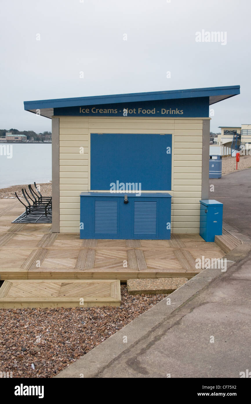 Beach hut on Weymouth beach for selling beverages and food. Stock Photo