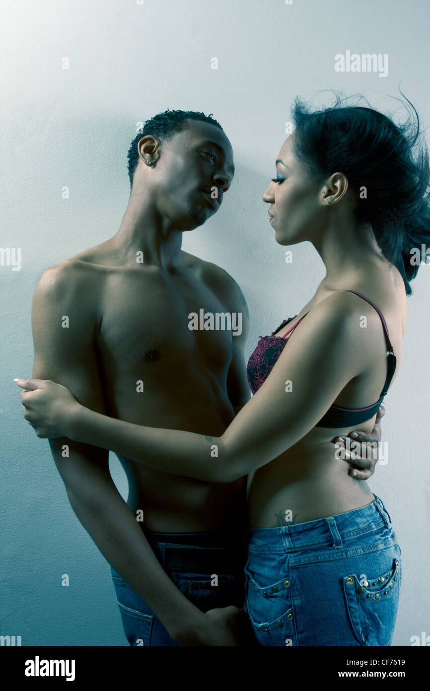 Loving ethnic black African-American young affectionate heterosexual couple Stock Photo