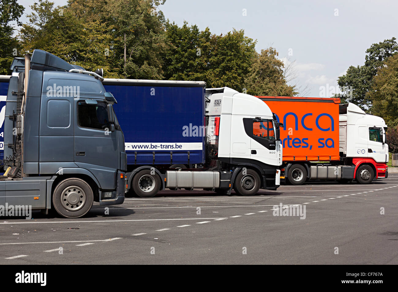 Transport lorries parked in row in lorry park showing web address and different nationalities, Auxerre, Burgundy, France Stock Photo