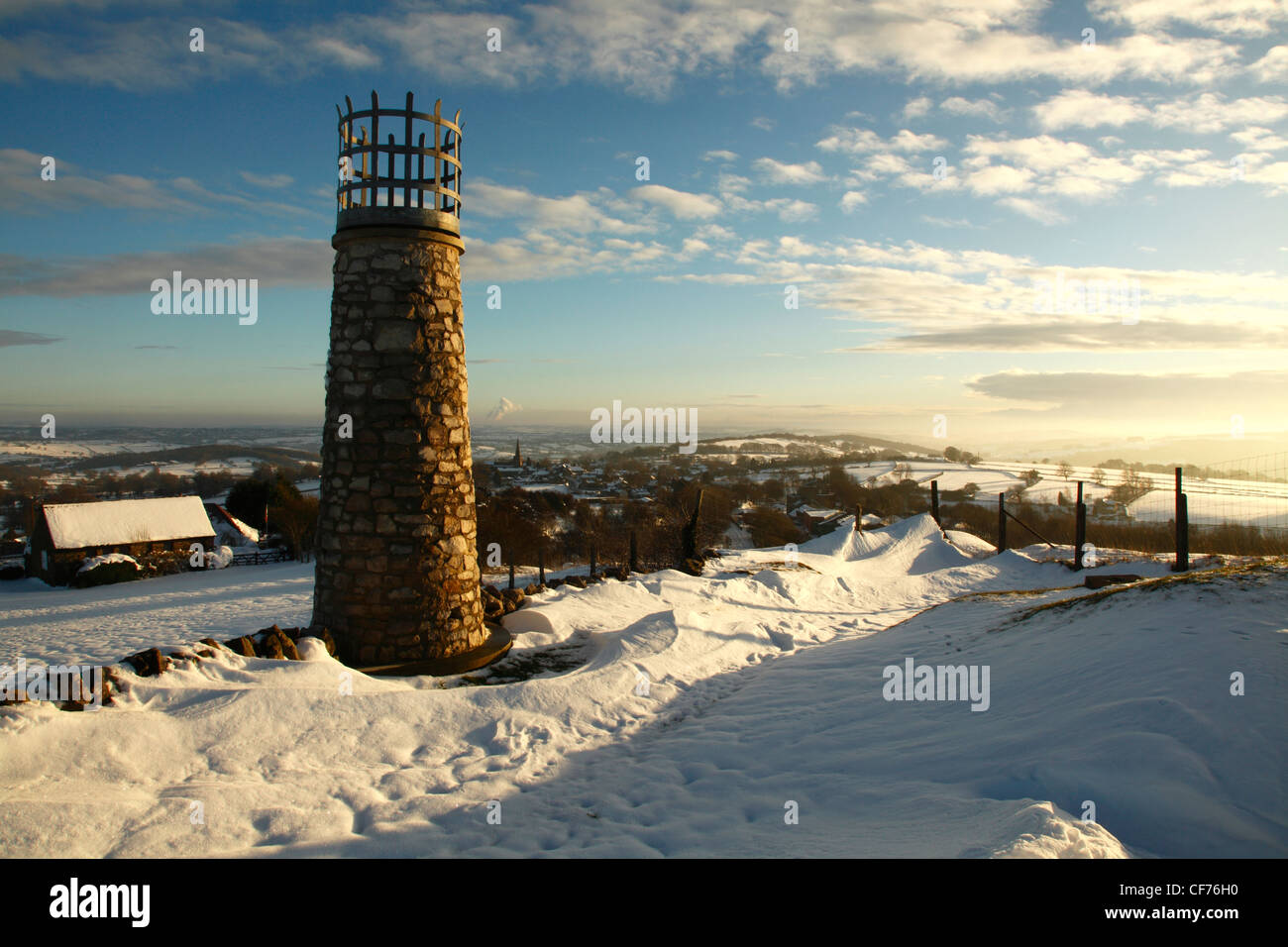 Crich Stand beacon in the snow,Crich,Derbyshire. Stock Photo