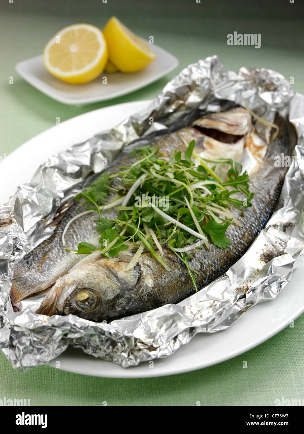 Diced ginger foil baked sea bass diced scallions ginger hires stock