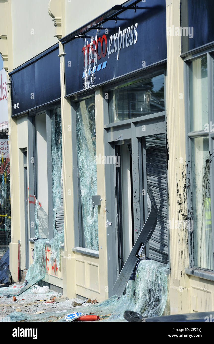 Riot Damaged Tesco Express Shop Window Stokes Croft Bristol - April 2011 Stock Photo