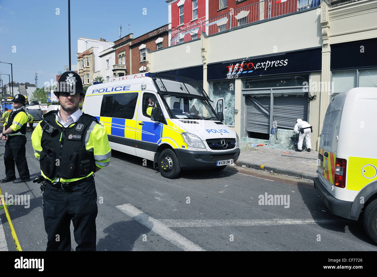 Riot Damaged Tesco Express Shop Window Stokes Croft Bristol - April 2011 Stock Photo