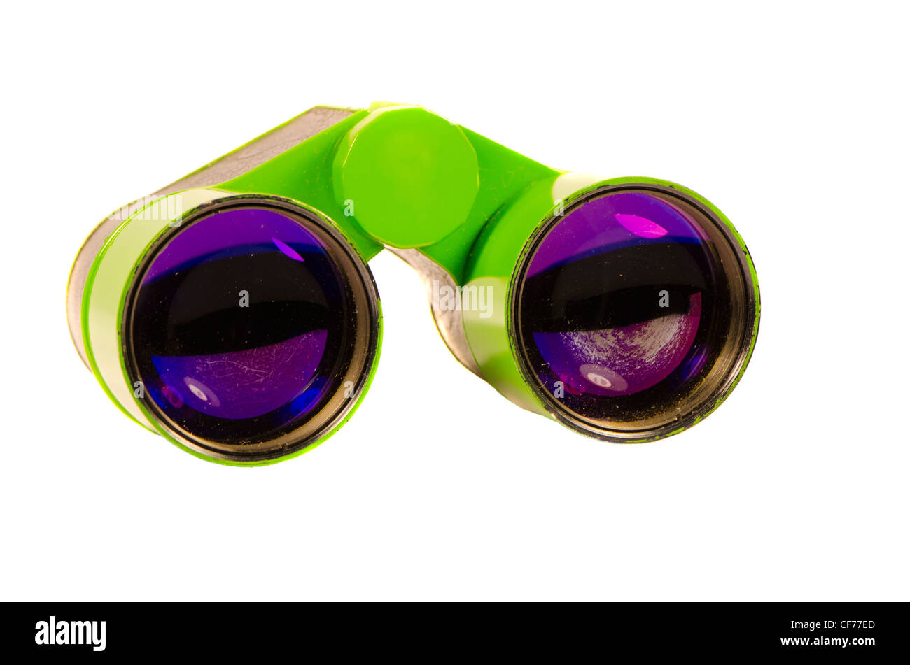 Theater binoculars for distance zoom view. Green toy isolated on white background. Stock Photo
