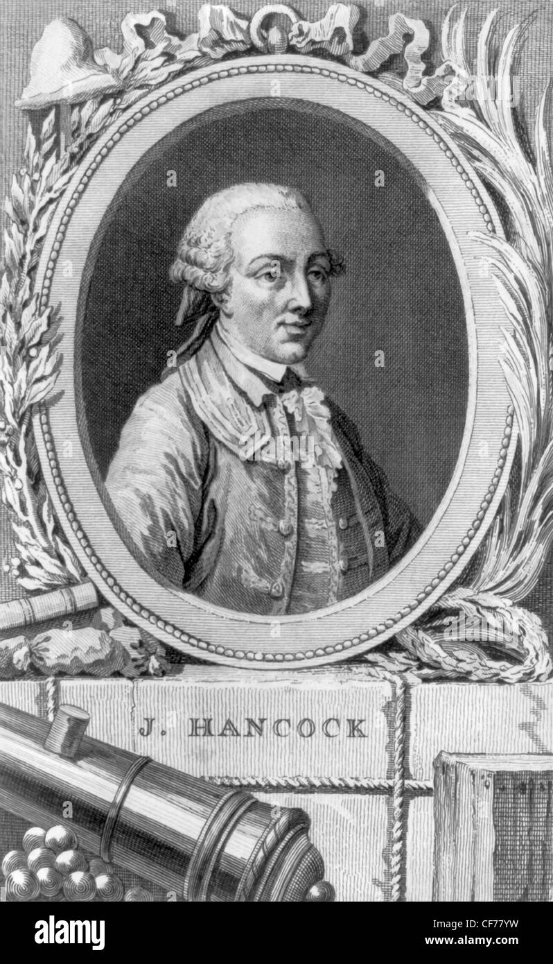 Vintage portrait print of American statesman John Hancock (1737 - 1793) - a prominent political leader during the American Revolution and President of the Second Continental Congress from 1775 to 1777 and of the Congress of the Confederation from 1785 to 1786. Stock Photo