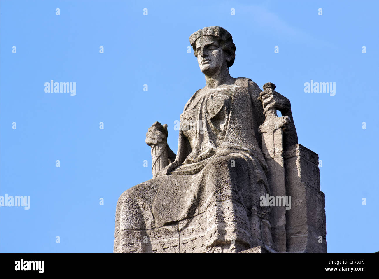 Justitia, Lady Justice, sitting on her throne in Hamburg, Germany. Stock Photo