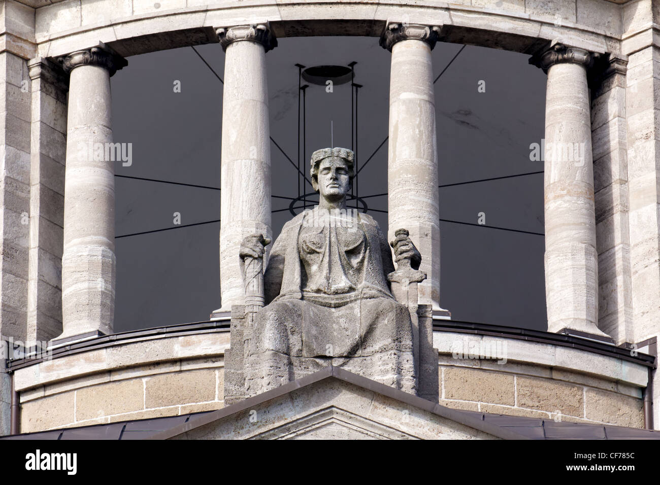 Justitia, Lady Justice, sitting above the portal of the Hanseatisches Oberlandesgericht (Hanseatic Supreme Court) of Hamburg. Stock Photo