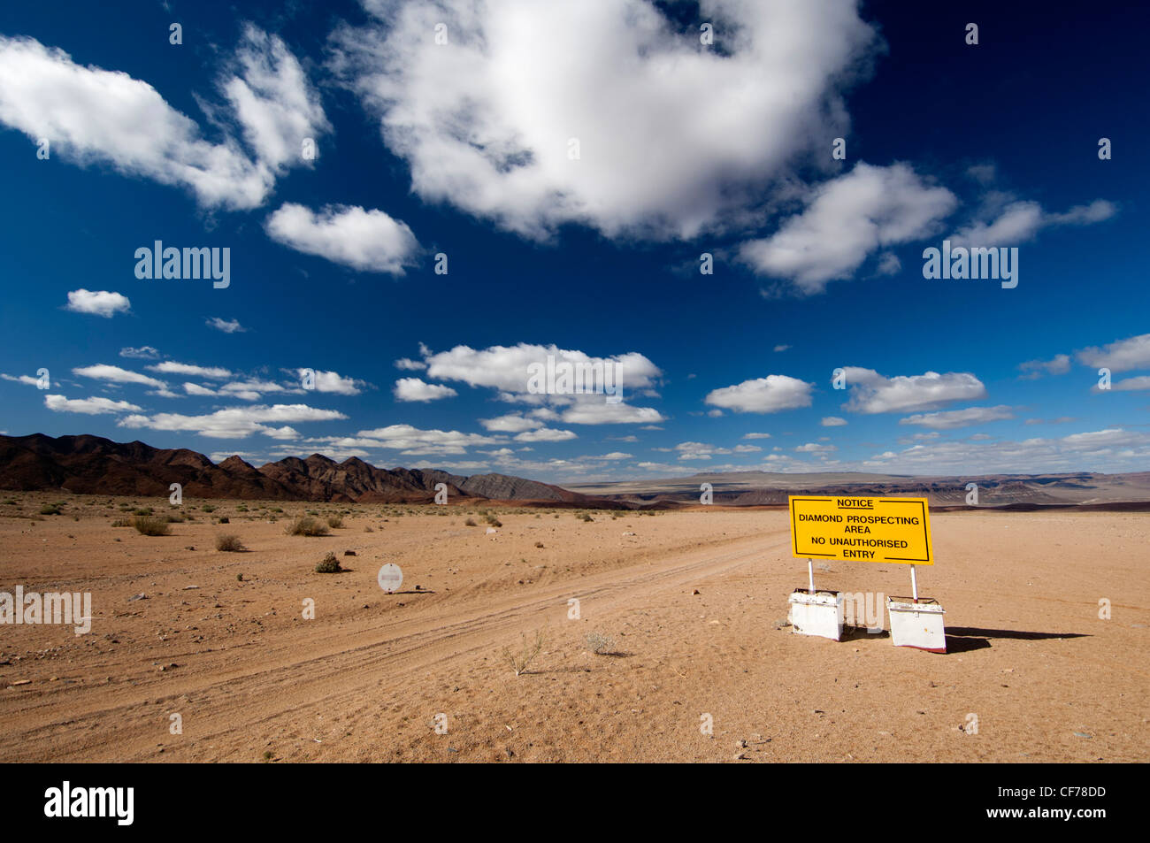 Prohibition sign at the entrance to a diamond prospecting area, Richtersveld National Park, Northern Cape Province, South Africa Stock Photo