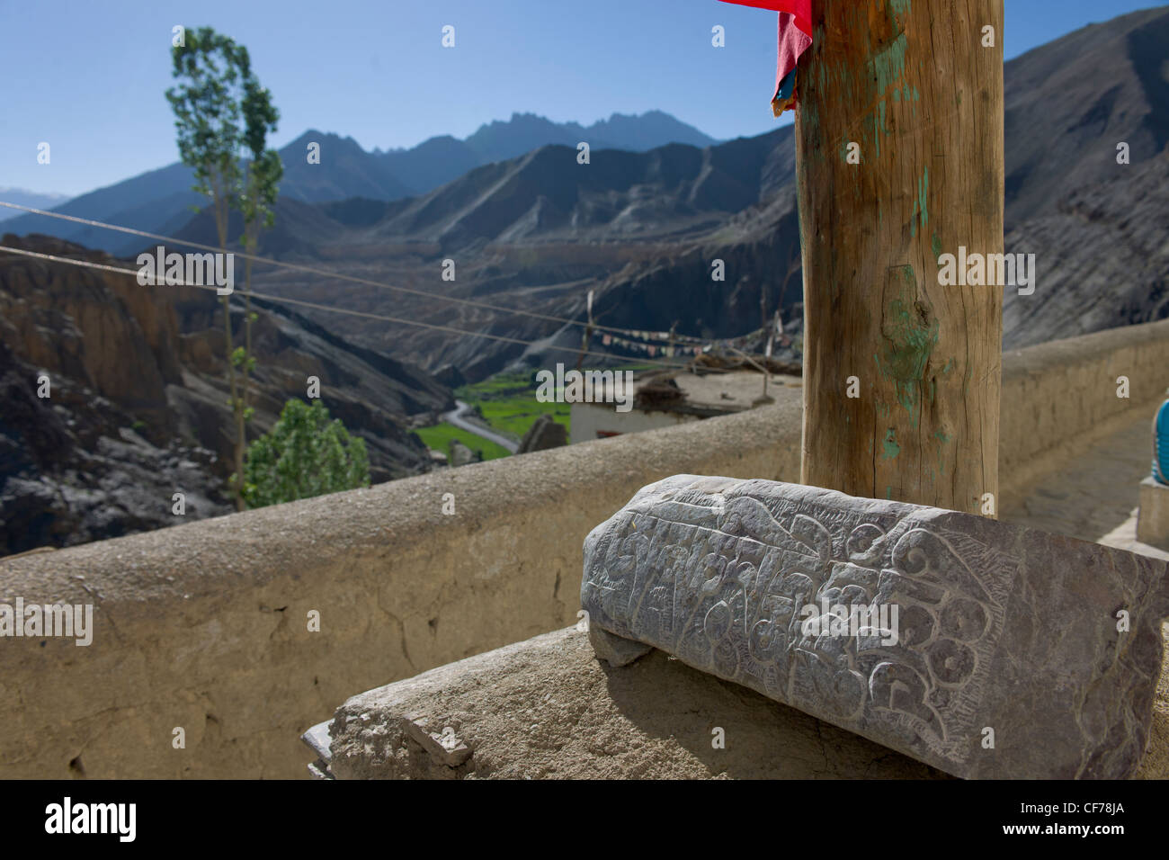 Tibetan script carved on rock at Lamayuru Gompa, (Ladakh) Jammu & Kashmir, India Stock Photo