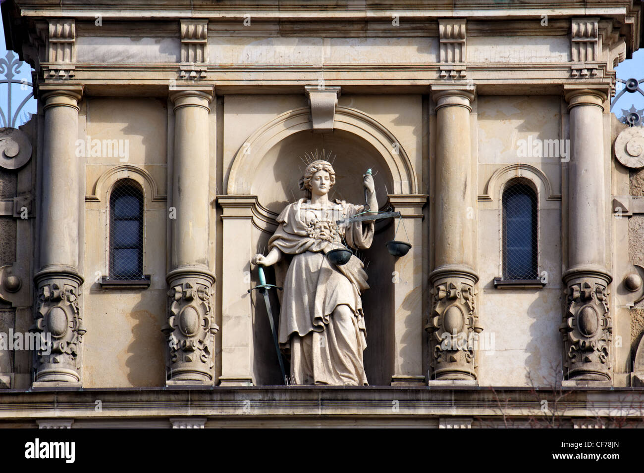 Justitia, Lady Justice, standing with scale and sword at the Strafjustiz Gebäude (criminal justice building) in Hamburg. Stock Photo