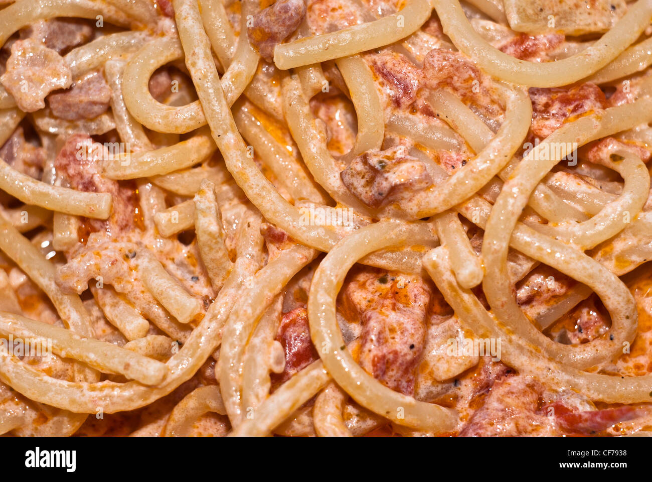 Pasta -Spaghetti and tomato sauce whit bacon and cream,close up Stock