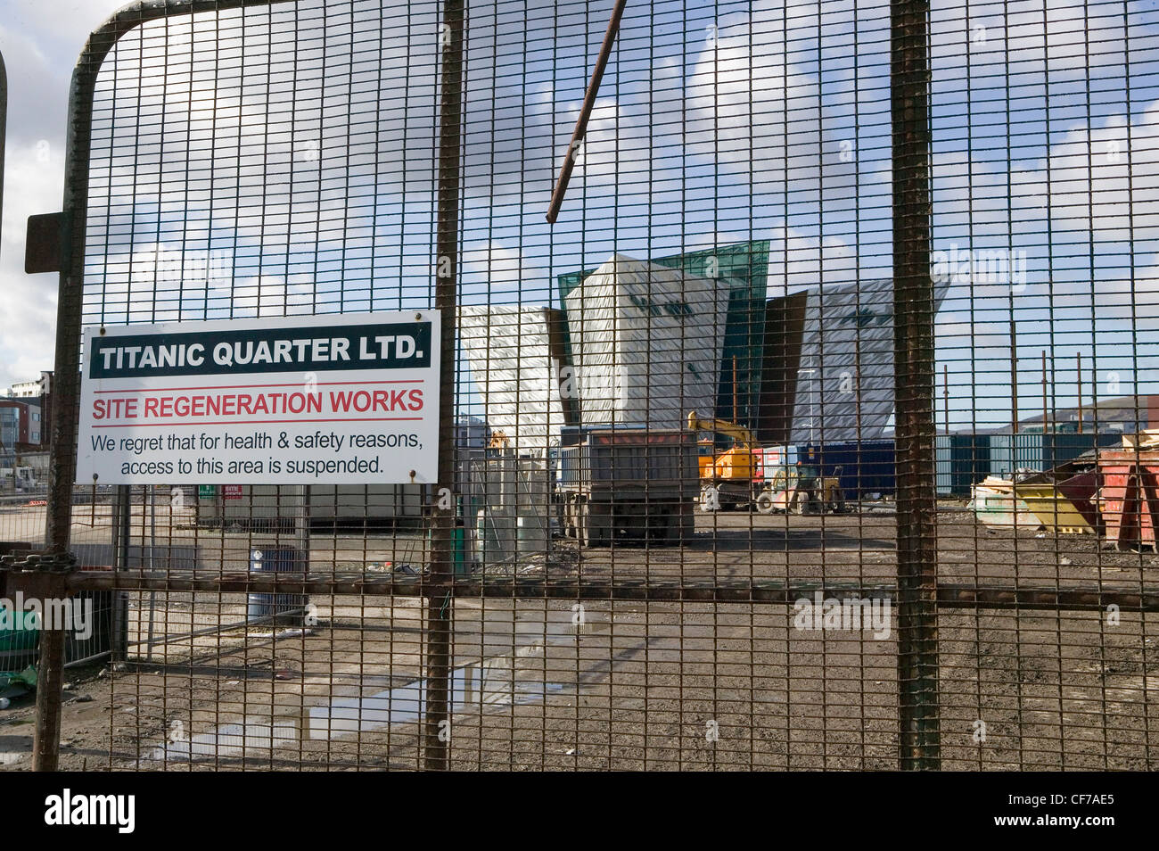 New Titanic Belfast® visitor center rear view from closed gate Stock Photo