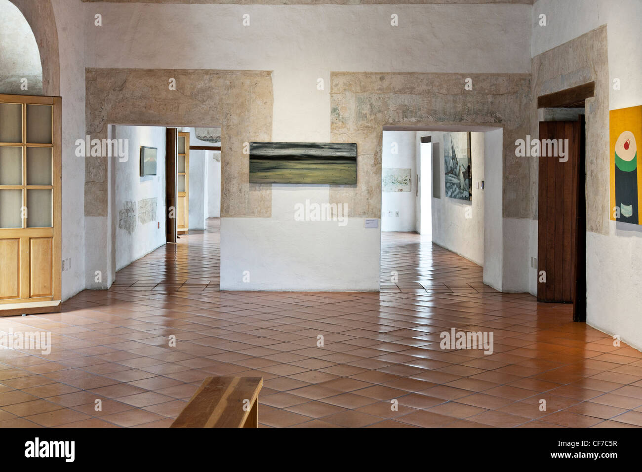 view of exhibit in renovated galleries of Oaxaca Museum of Contemporary