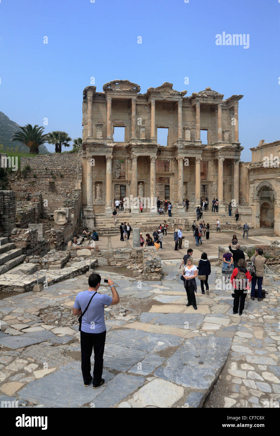 Tourists people at The Roman built Library of Celcus Ephesus Turkey Stock Photo