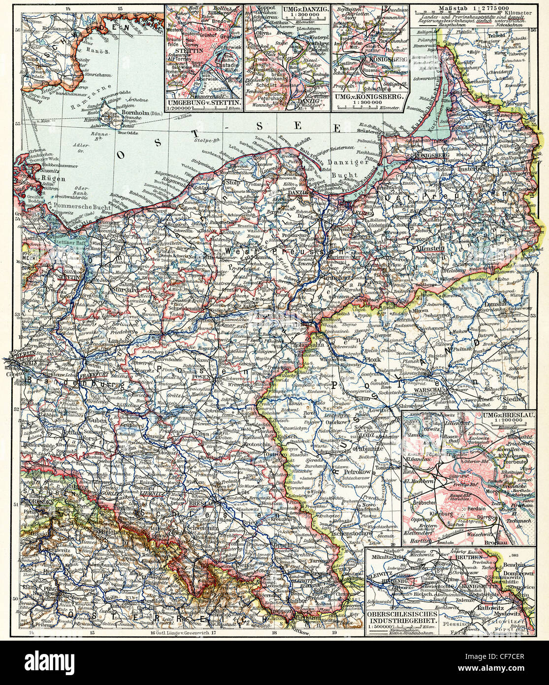 Map of the North-East Germany. Publication of the book 'Meyers Konversations-Lexikon', Volume 7, Leipzig, Germany, 1910 Stock Photo