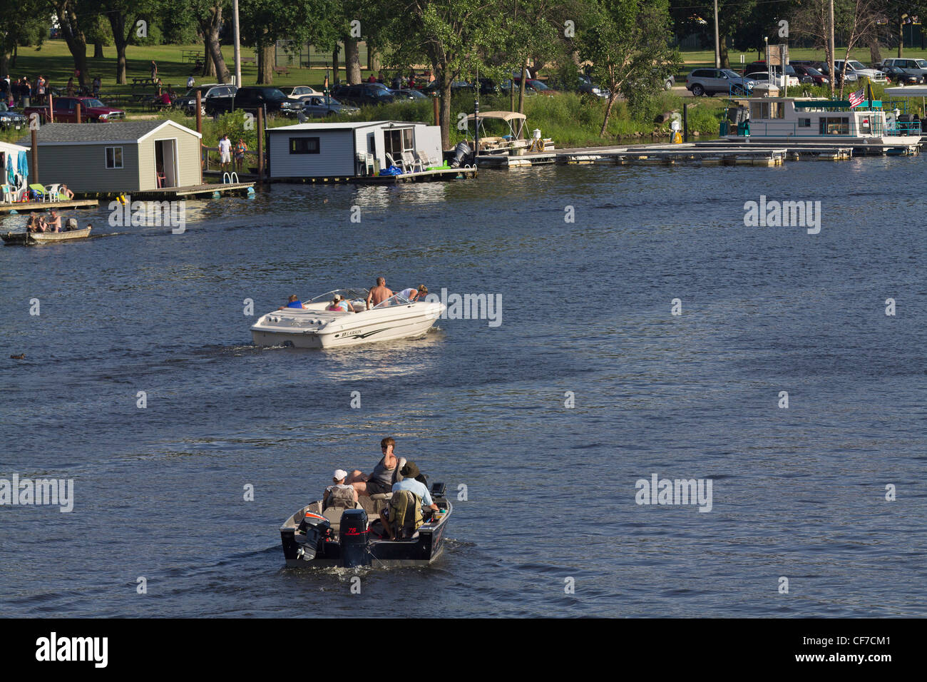 A boat with tourists sails down the river in Wisconsin La Crosse