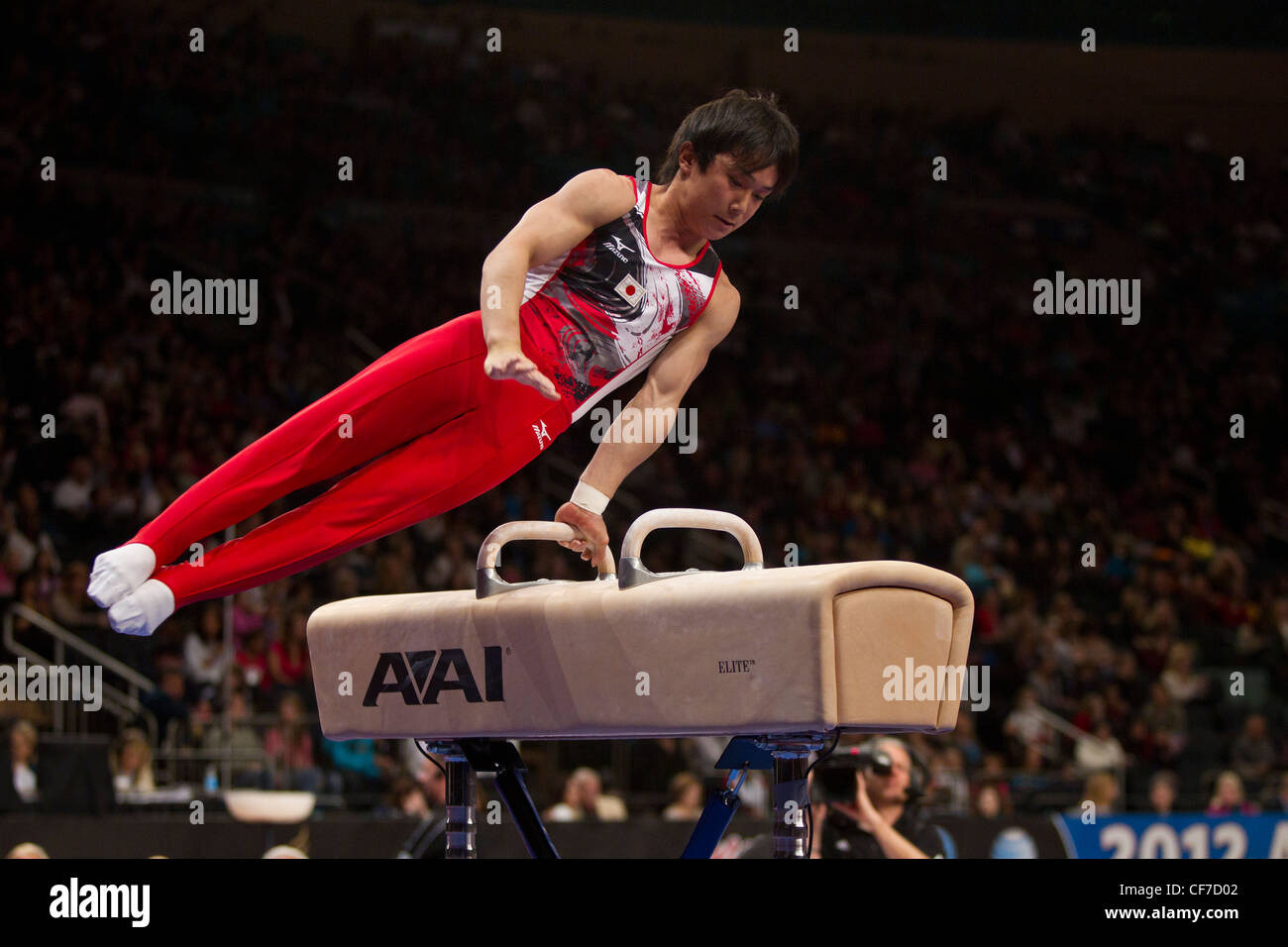 Ryuzo Sejima (JPN) competes in the pommel horse event at the 2012