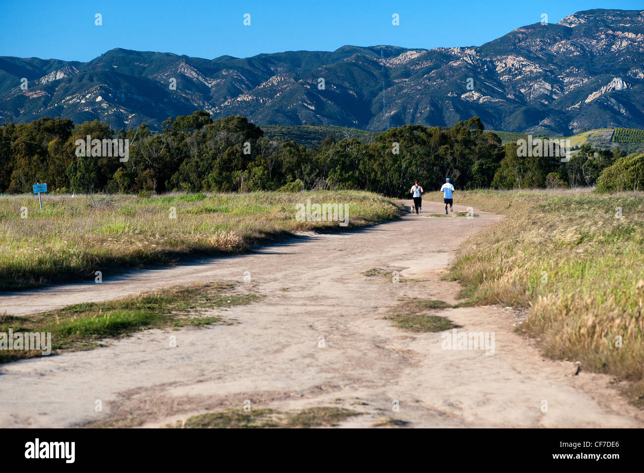 A couple is running at one of the many trails of Ellwood Bluffs, Goleta