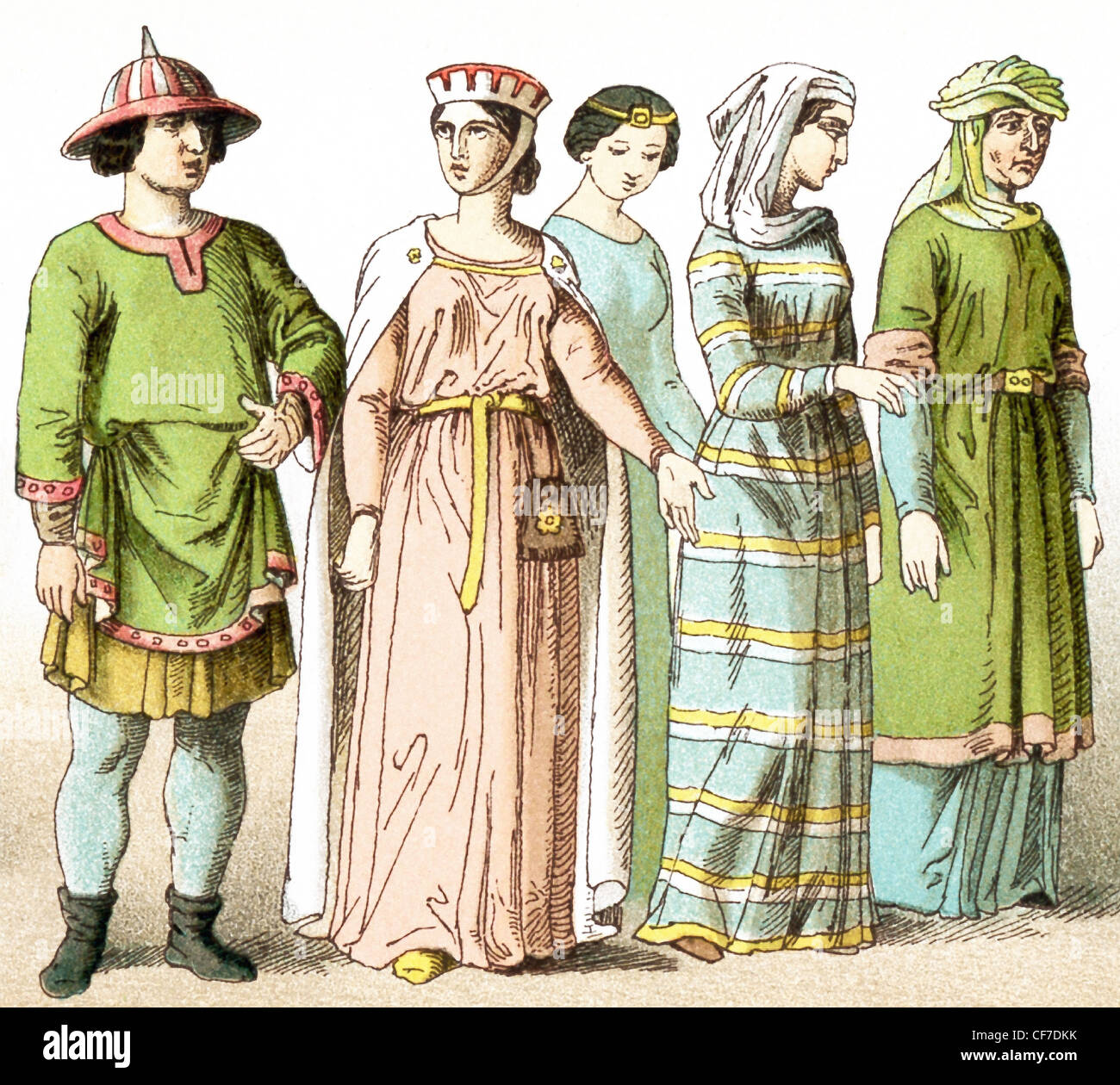 The figures represent French people around A.D. 1100. They are, from left to right: a man of rank and four ladies of rank. Stock Photo