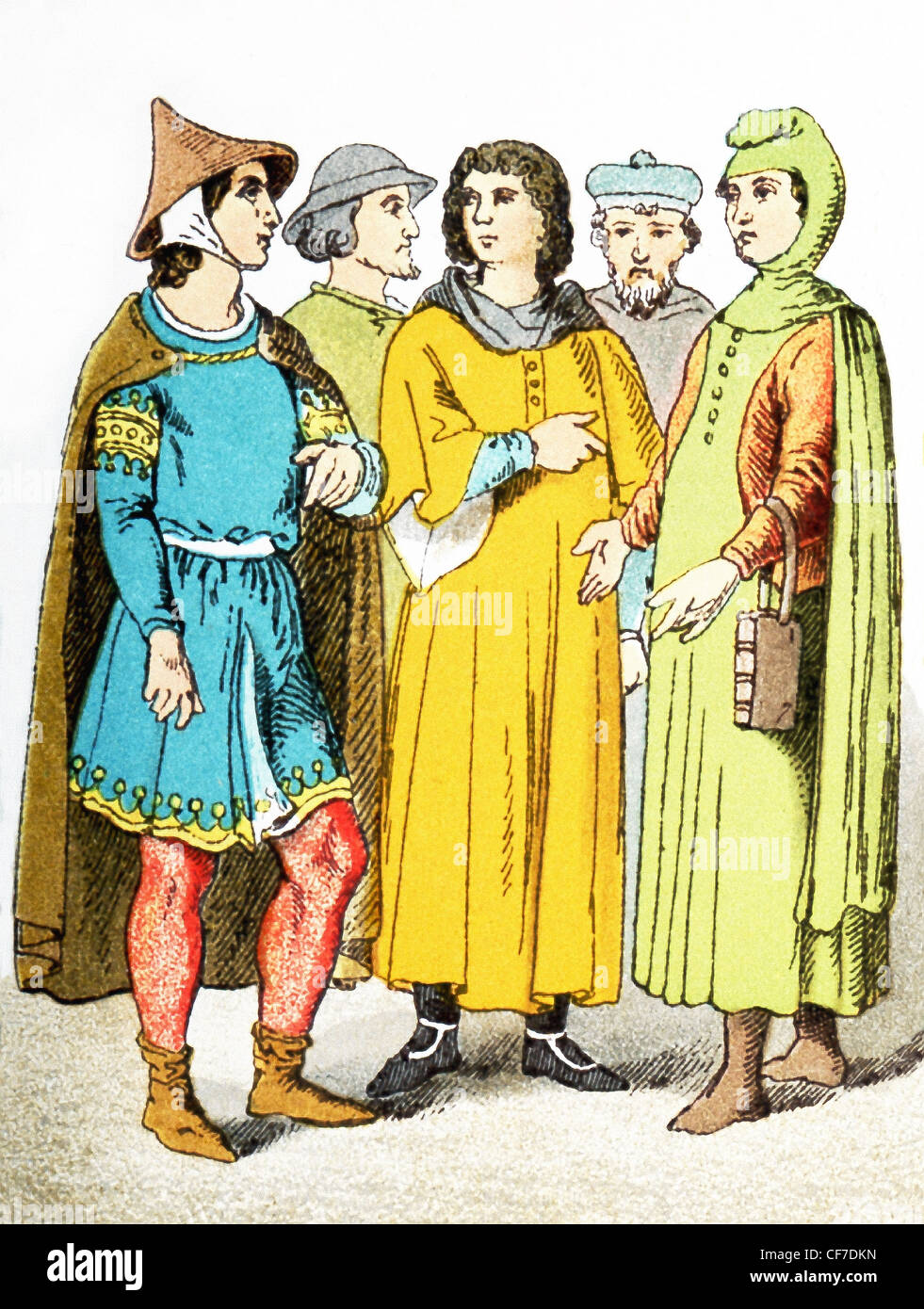 The figures in the illustration represent five French citizens around A.D. 1200. The illustration dates to 1882. Stock Photo