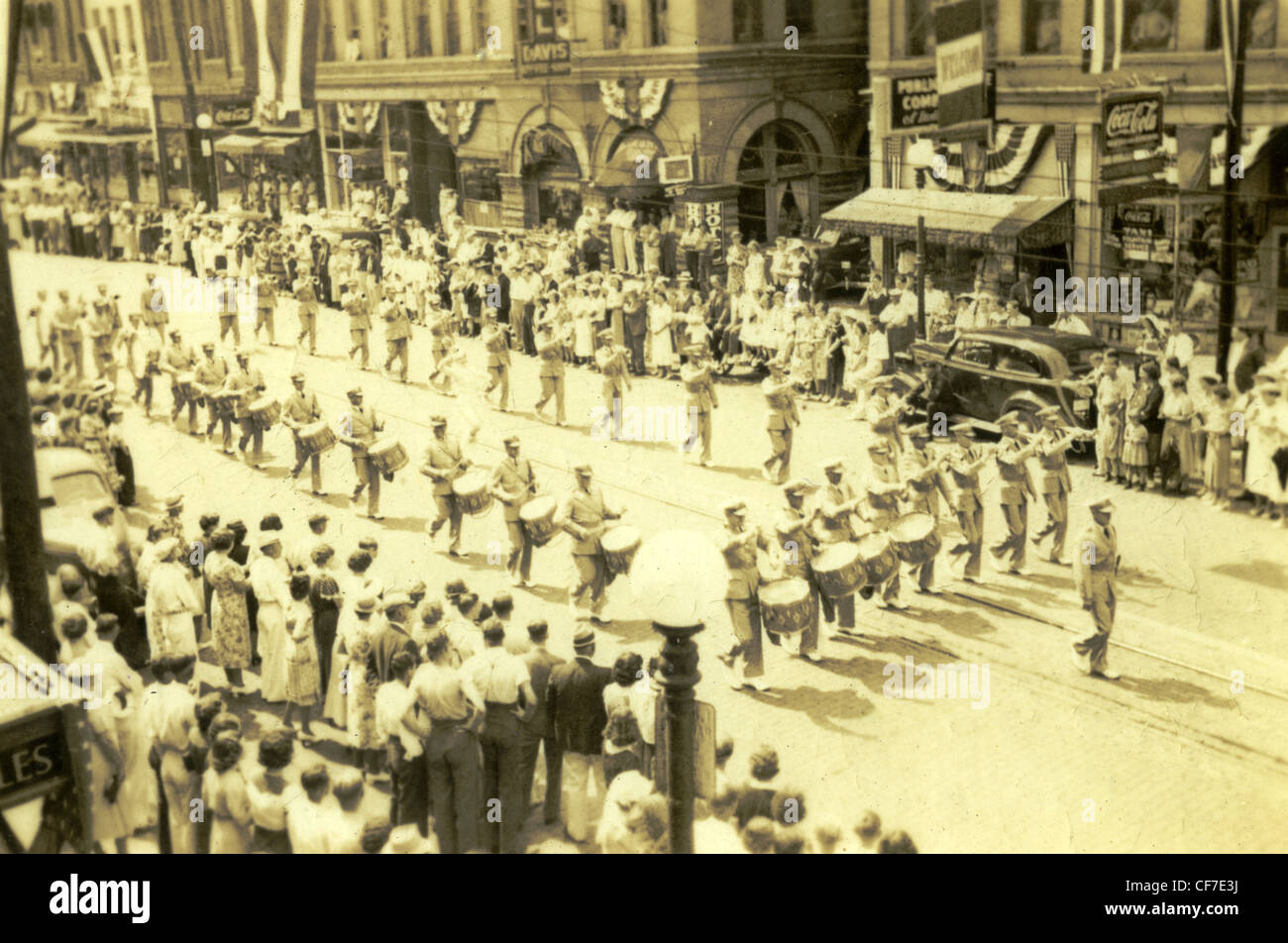 Members of the American Legion band march in downtown Peoria, Illinois