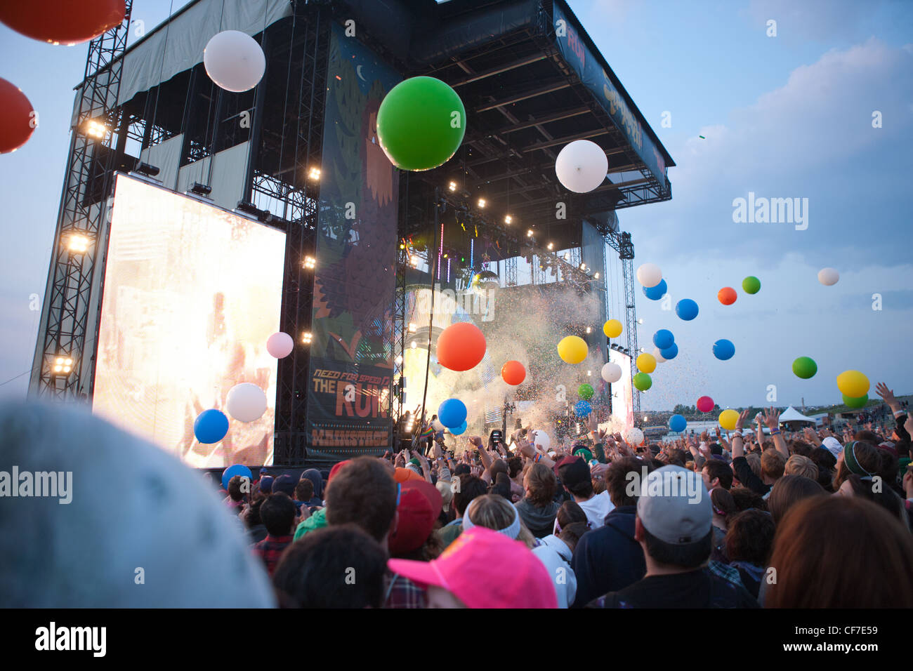 Balloons being released into the audience at Flaming Lips concert. Stock Photo