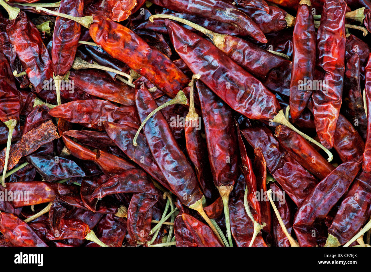 Dried red chillis at an Indian market. Food pattern Stock Photo