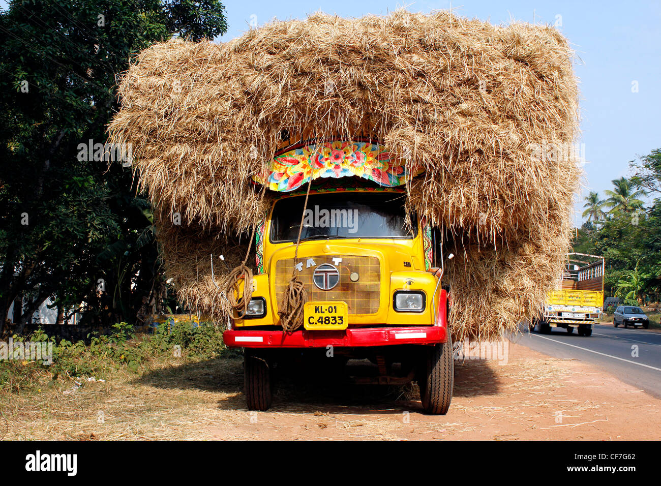 Overloaded truck carrying hay, Kerala , India Stock Photo