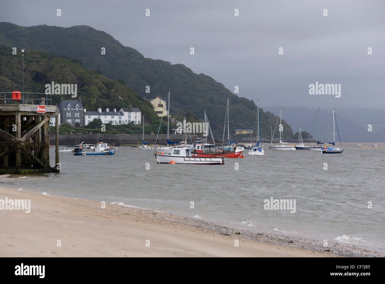 Pier & Yachts on Overcast Day Aberdyfi / Aberdovey, Snowdonia National Park, North Wales, UK Stock Photo