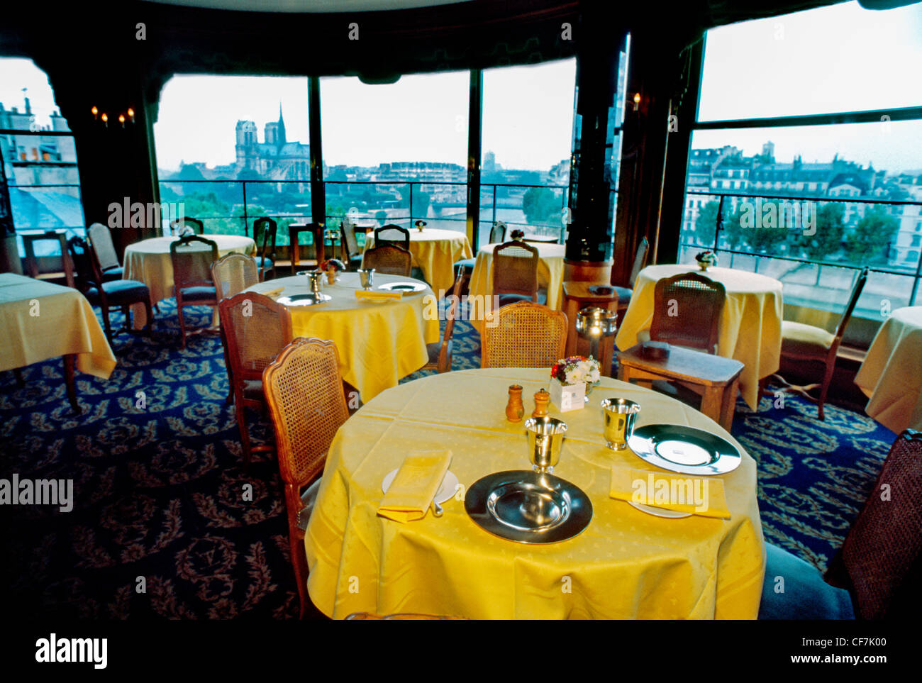 France, Paris, Inside Fancy French Restaurant 'La Tour d'Argent', Haute-Cuisine, Dining Room With Panoramic View of City Stock Photo