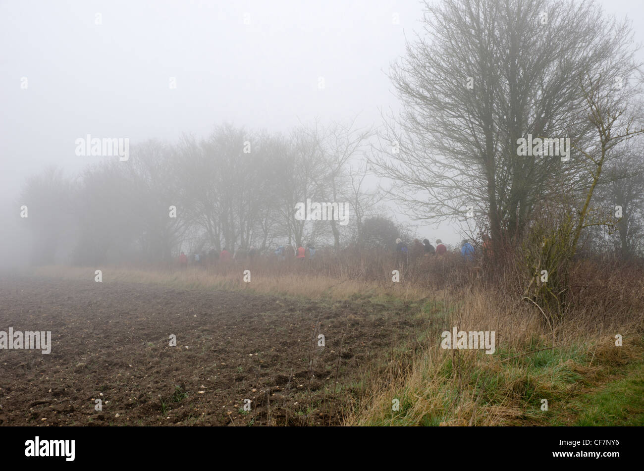 Group of ramblers walking in mist, beside a field Stock Photo