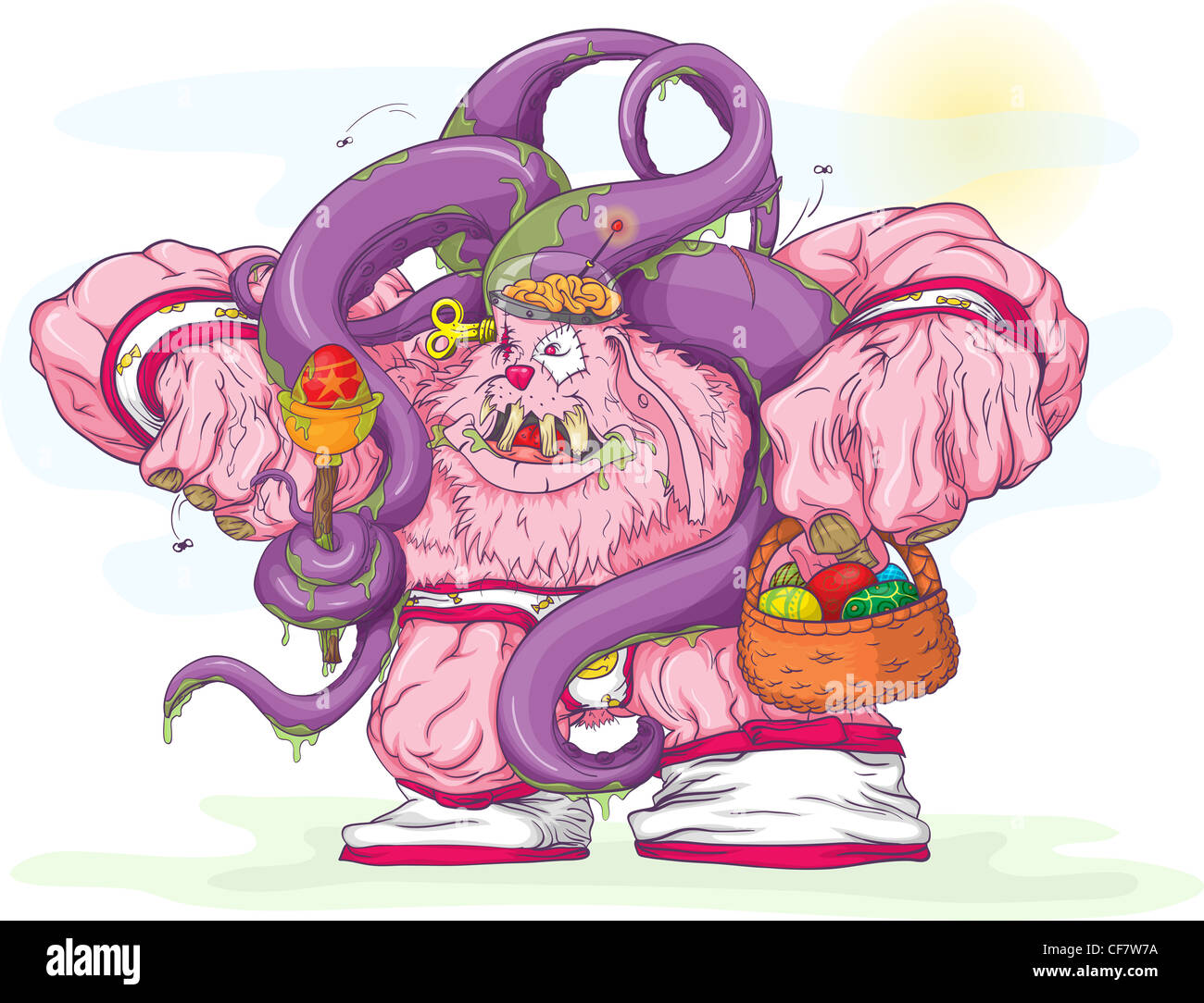 Ugly Easter Bunny collect eggs. Monster bunny with tentacles from their  backs. Easter eggs in the basket Stock Photo - Alamy