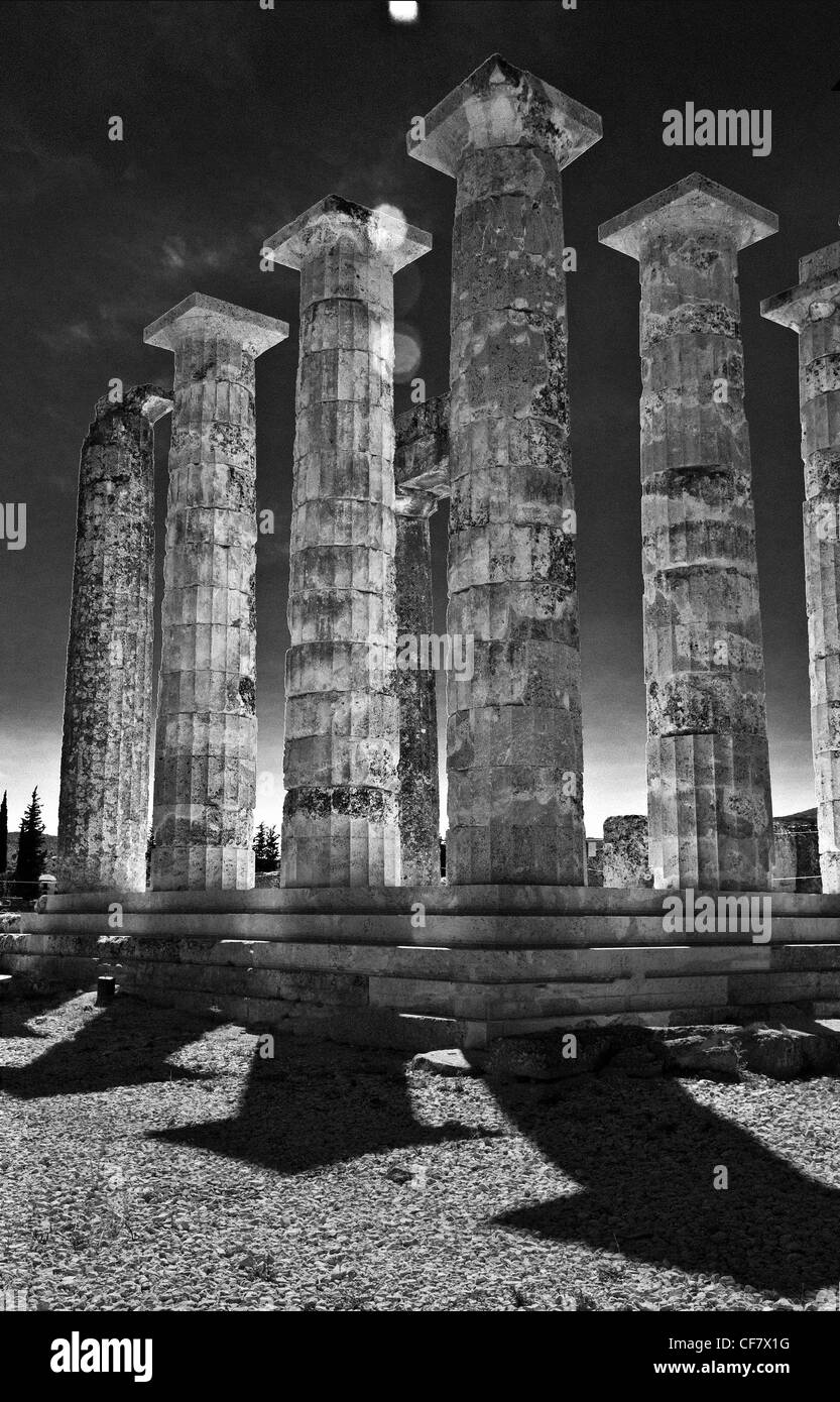 Columns of the Temple of Zeus (some recently reconstructed) at Ancient Nemea, Korinthia, Peloponnese, Greece Stock Photo