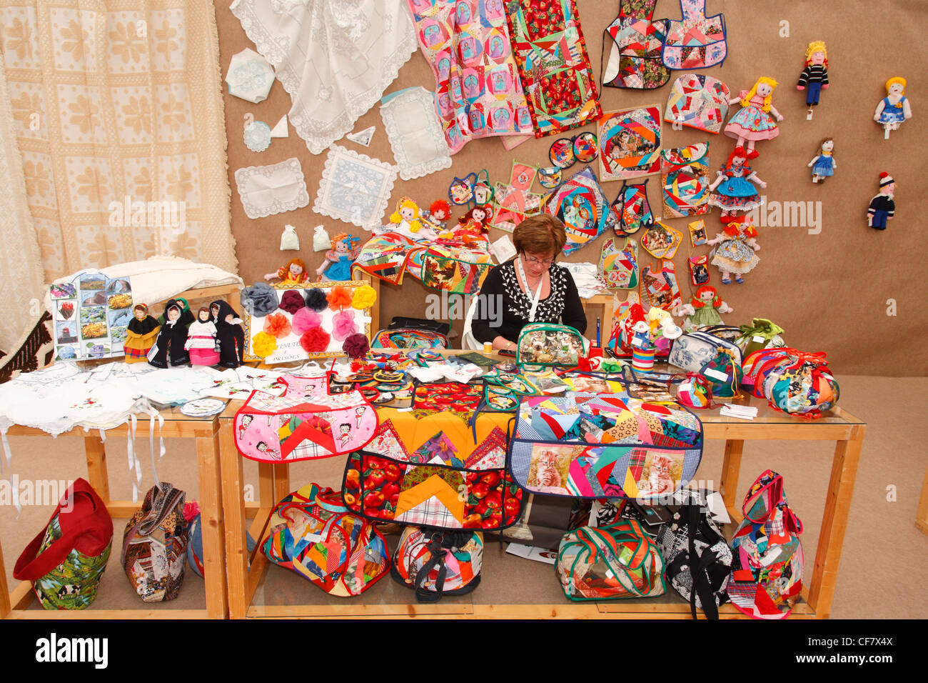 Azorean craftswoman surrounded by her works. Azores islands, Portugal. Stock Photo