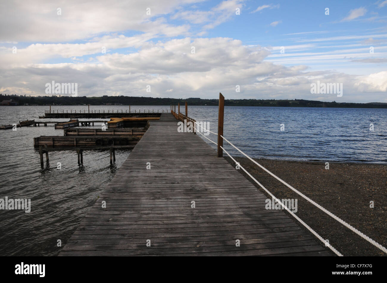 Wooden pier, moorings, Lake Llanquihue, Los Lagos region, Frutillar, Chile. Stock Photo