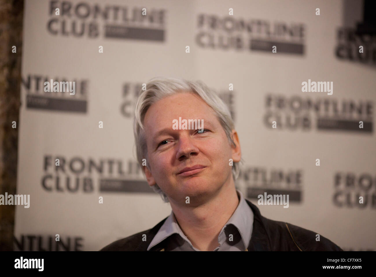 Julian Assange Wikileaks founder is seen during a press conference at The Frontline Club London Stock Photo
